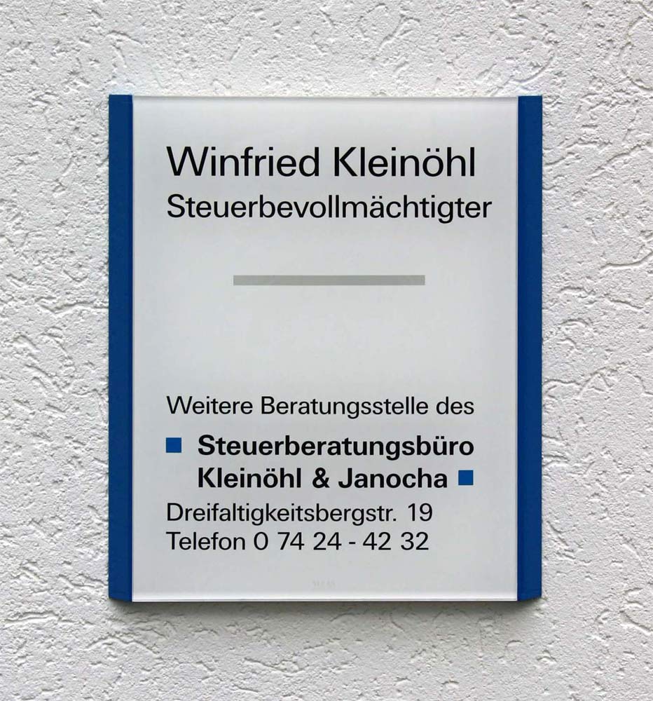 Acrylglasschild 8 mm Typ Margo-DE - auf farbiger Alu-Konstruktion